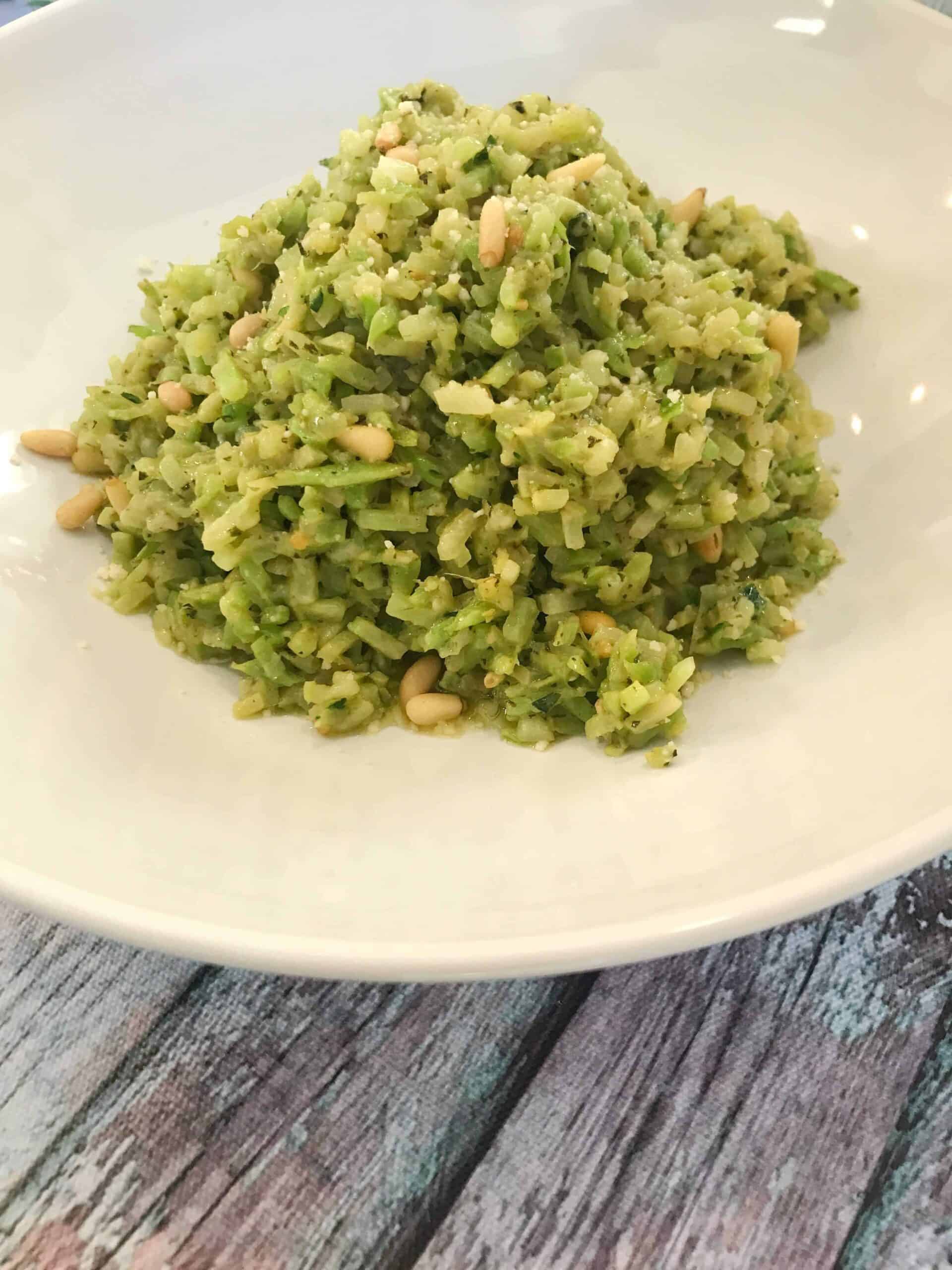 Broccoli Rice with Pesto Pine Nuts and Parmesan