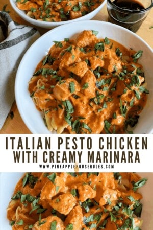 This Italian Pesto Chicken with Creamy Marinara Sauce is the perfect busy weeknight meal when you're craving some easy chicken pasta! Pair it with a salad for a delicious, easy dinner. Italian Recipes | Chicken Recipes | Chicken Breast Recipes | Chicken Parmesan Recipe | Easy Recipes | Easy Dinner Recipes | Easy Recipes Dinner | Dinner Ideas | Dinner Recipes | Pasta Recipes | Dinner Ideas Easy | Pasta Dinner Recipes | Pasta Dishes | Dinner Recipes for Family | Dinner Recipes Easy | Easy Dinner