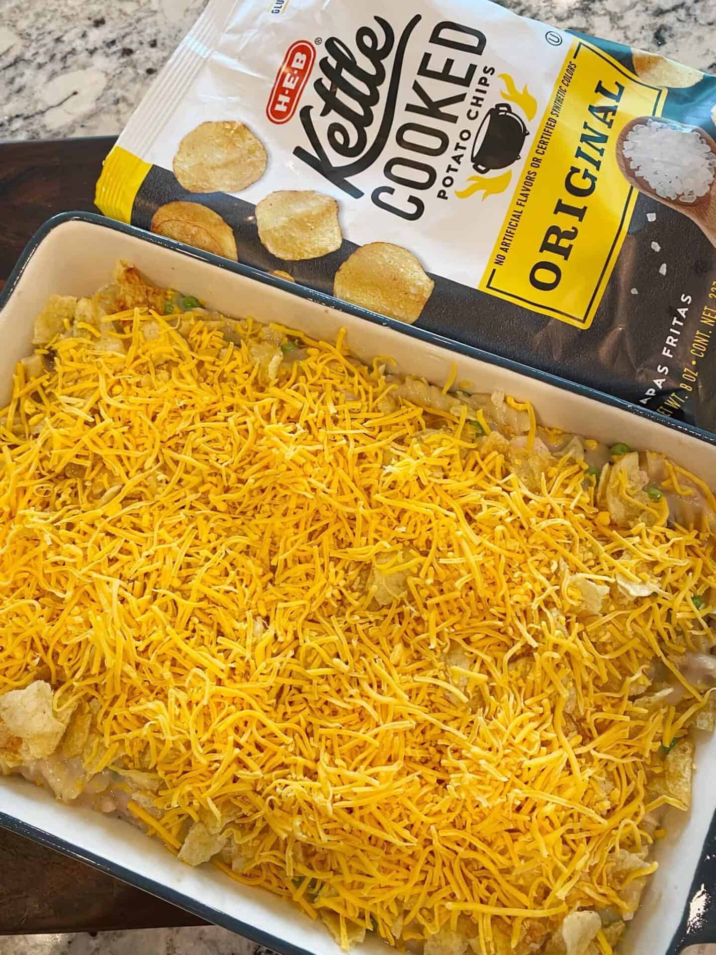 top casserole with kettle chips and more cheddar cheese