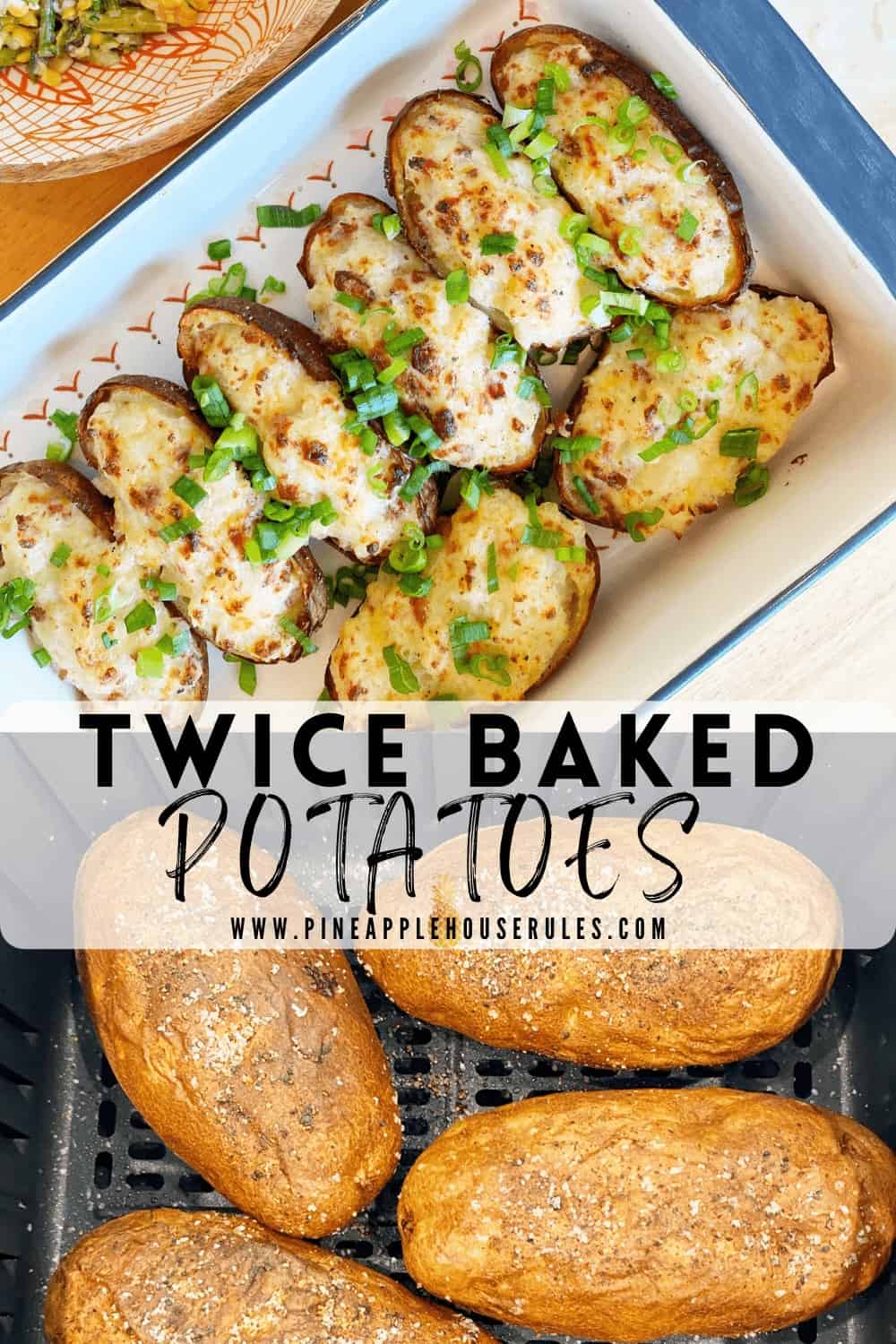 Twice Baked Potatoes are an easy, delicious side dish recipe that's perfect for a summer grilling day! They can be baked ahead of time and assembled later. You can easily bake these in an air fryer or in the oven! Twice Baked Potatoes Recipe | Air Fryer Recipes | Twice Baked Potatoes | Twice Baked Potatoes Easy | Twice Baked Potatoes Air Fryer | Twice Baked Potatoes Easy Simple | Baked Potatoes in the Oven | Baked Potatoes in Air Fryer | Baked Potato | Easy Dinner Recipes | Easy Side Dishes