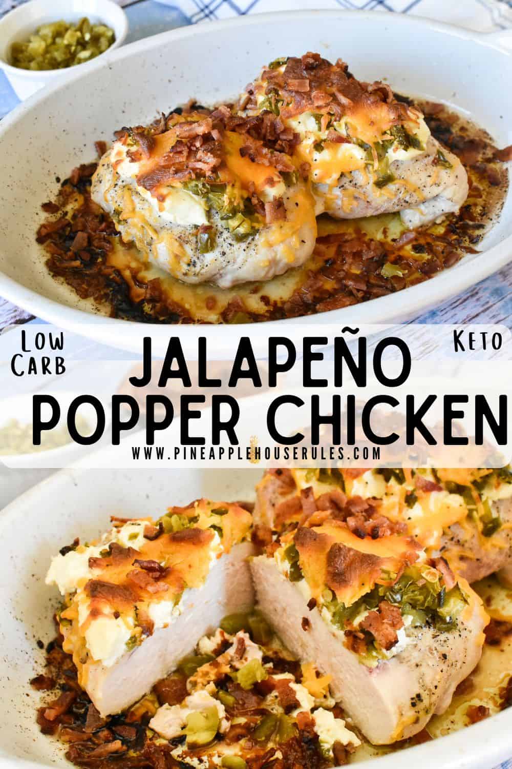 This Jalapeno Popper Chicken is perfect for a busy weeknight when you want a healthy, light dinner with just a few ingredients! It's low carb and Keto friendly, too. Plus, it's garnished with bacon! Jalapeno Popper Chicken | Jalapeno Popper Chicken Keto | Jalapeno Popper Chicken Casserole | Jalapeno Popper Chicken Casserole Keto | Low Carb Recipes | Low Carb Meals | Low Carb Dinner | Low Carb Dinner Recipes | Low Carb Dinner Ideas | Low Carb Dinner Healthy | Low Carb Dinner Easy | Easy Recipes