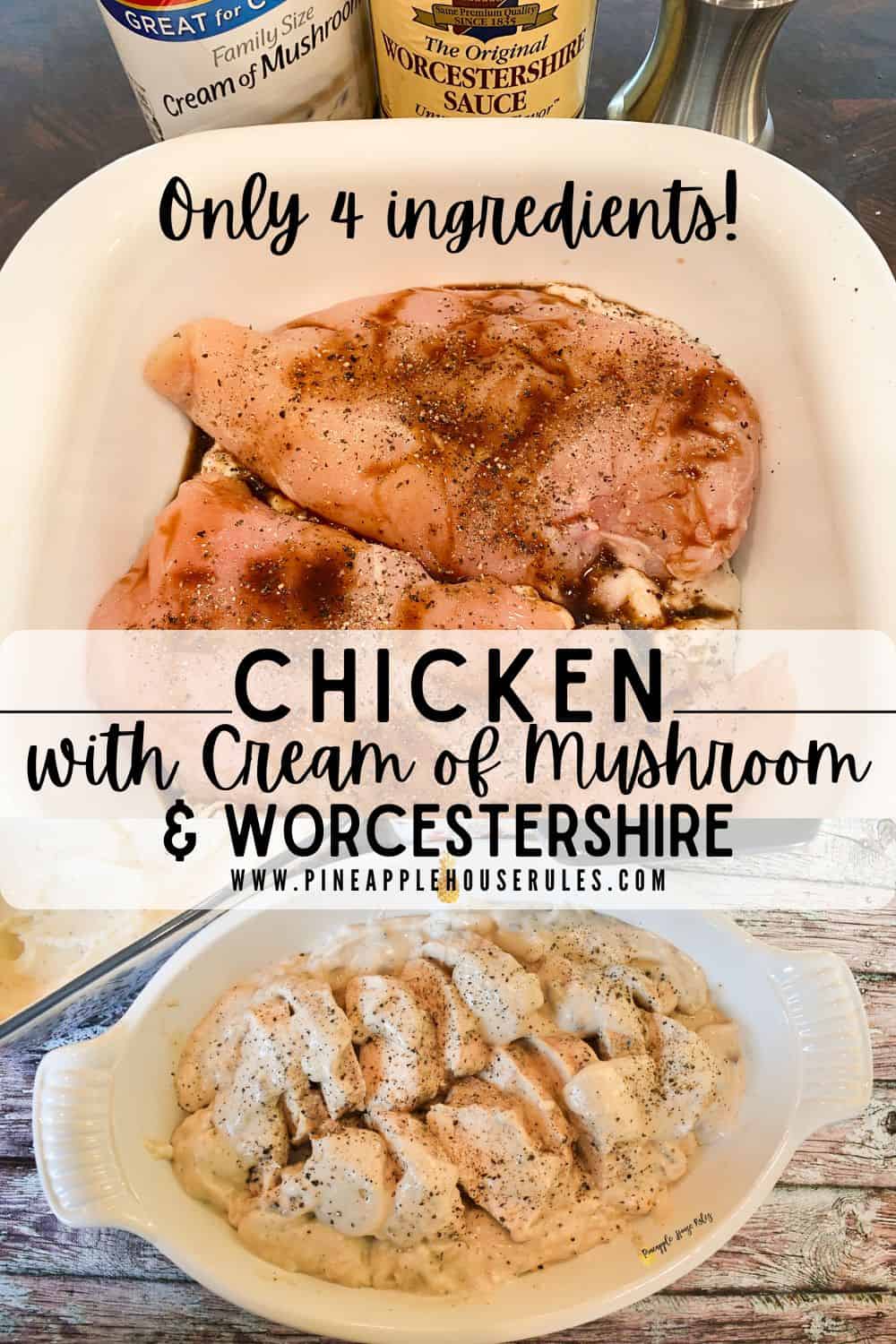 This Chicken with Cream of Mushroom and Worcestershire is EXACTLY as it sounds. Using JUST 4 INGREDIENTS, you’re on your way to an easy, delicious dinner. Serve over rice for a great comfort food dinner. Chicken Breast Recipes | Chicken Breast Recipes Healthy | Chicken Breast Recipes Oven | Chicken Breast Recipes Easy | Chicken Breast Dinner Ideas | Cream of Mushroom Chicken | Cream of Mushroom Recipes | Worcestershire Sauce Recipes | Easy Dinner Recipes | Easy Dinner Recipes Healthy
