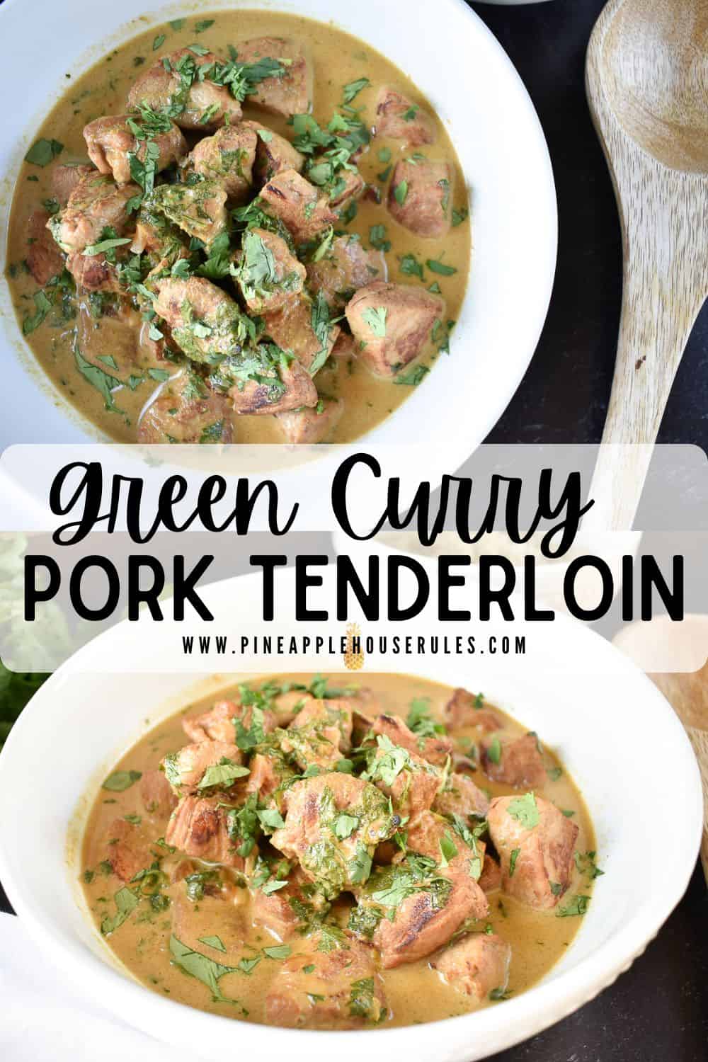 This Green Curry Pork Tenderloin is an easy, delicious dinner when you're pressed for time. The flavors are bold and the calories are low (less than 200 per serving), plus low in carbs and high in protein! We serve ours with low carb Cauliflower Rice or Steamed Jasmine Rice. Green Curry Pork Tenderloin | Keto | Easy Recipe | Low Carb | Green Curry Recipes | Green Curry Pork Recipes | Green Curry Pork Coconut Milk | Low Carb Dinner Recipes | Green Curry Pork Tenderloin Sides | Easy Dinner