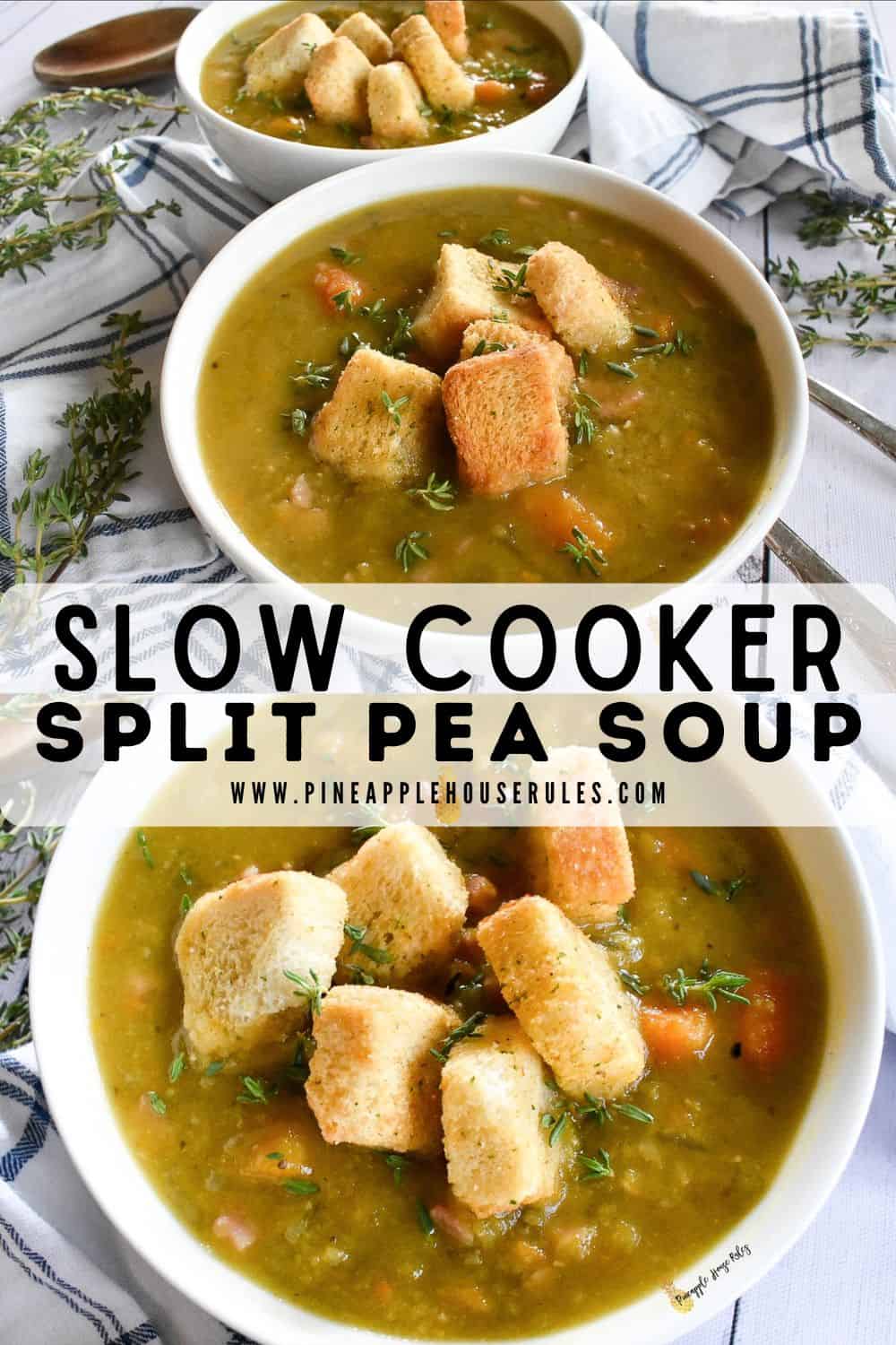 This Slow Cooker Split Pea Soup is a perfect dump-and-go recipe for an easy lunch or dinner. It's a delicious and healthy meal that will leave your taste buds and waistline very happy! It also freezes very well for easy meal prep. Slow Cooker Split Pea Soup | Slow Cooker Split Pea Soup with Ham | split pea soup | split pea soup crockpot | split pea soup with ham | split pea soup recipe | split pea soup slow cooker | Slow Cooker Recipes | Slow Cooker Soup | Slow Cooker Soup Recipes | Soup Ideas