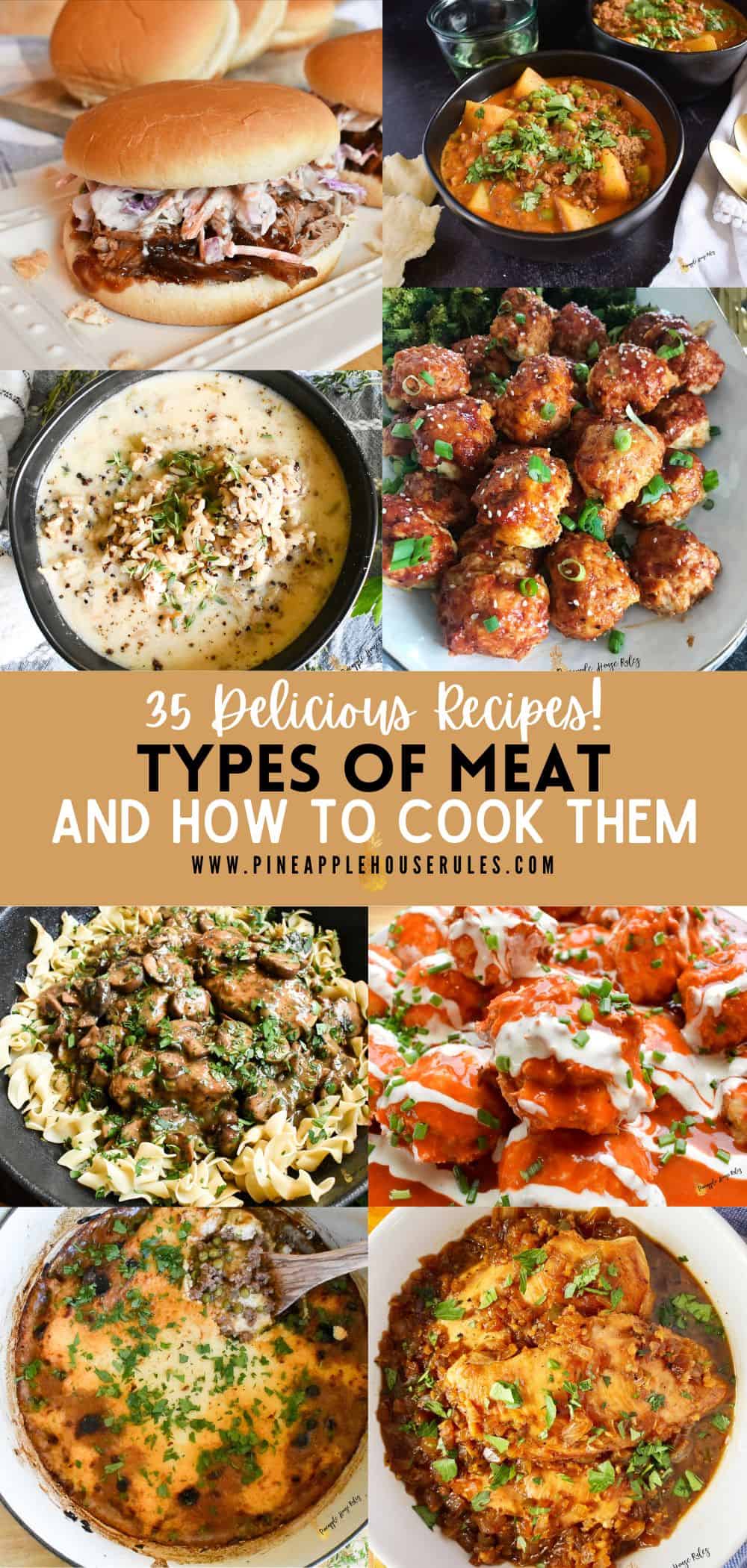 This post is all about different Types of Meat and How to Cook Them. Included are 35 recipes for cuts of beef, pork, and chicken. Each protein has its own unique flavors and ways to prepare. Beef Cuts | Meat Cooking Chart | Cooking Times | Cuts of Beef | How to Cook | Beef Recipes | Chicken Recipes | Ground Chicken Recipes | Ground Beef Recipes | Pork Recipes | Ground Chicken Recipes Healthy | Chicken Breast Recipes | Chicken Breast Recipes Healthy | Pork Tenderloin Recipes | Pork Recipes