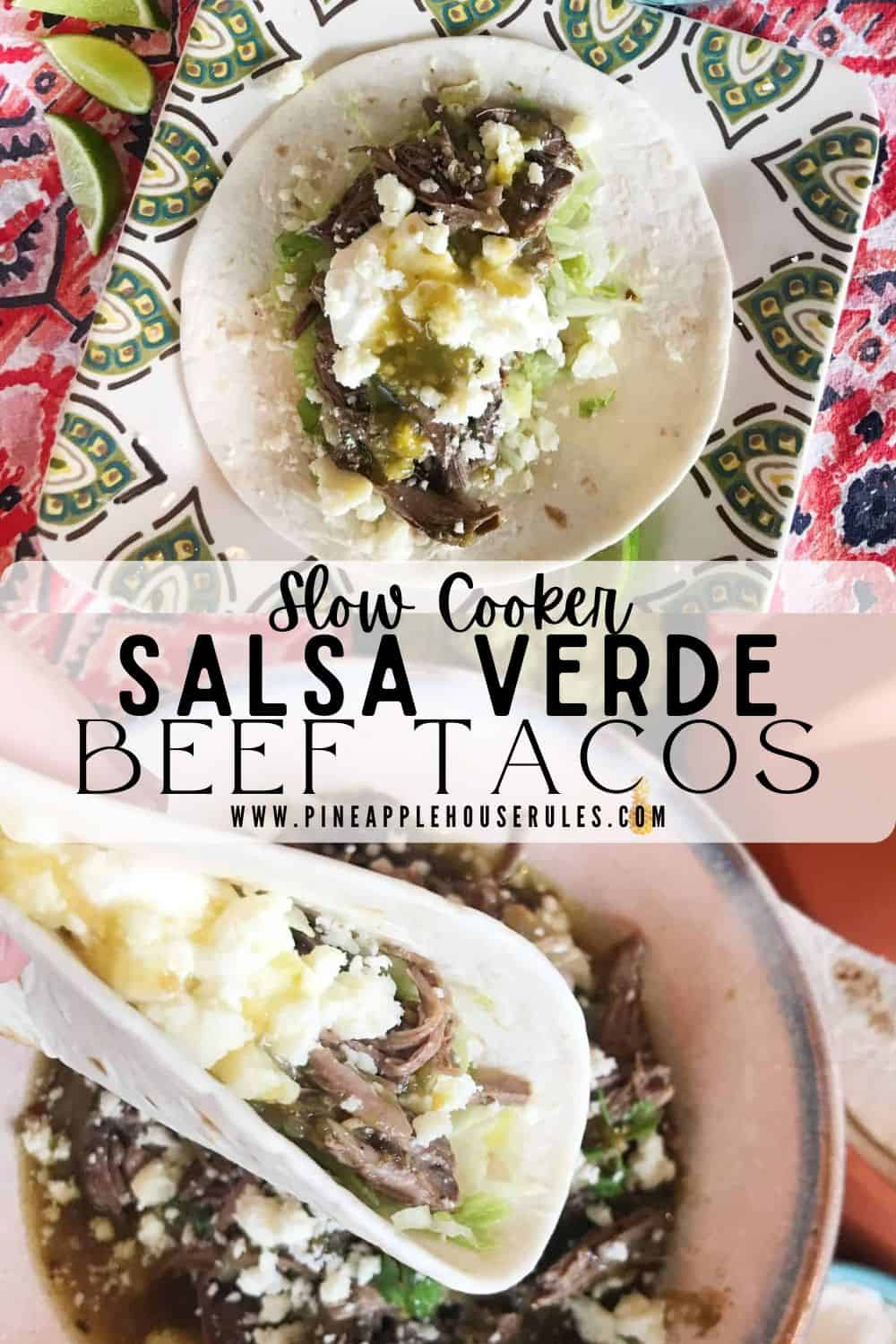 Slow Cooker Salsa Verde Beef Tacos are an easy crockpot recipe that is a huge hit with crowds! Garnish with your favorite toppings to make a delicious meal. Slow Cooker Salsa Verde Beef Tacos | Slow Cooker Recipes | Slow Cooker Meals | Slow Cooker Beef | Slow Cooker Beef Recipes | Slow Cooker Tacos | Slow Cooker Taco Meat | Slow Cooker Tacos Beef | Crockpot Recipes | Crockpot Meals | Crock Pot Cooking | Recipes for Dinner | Easy Dinner Recipes | Easy Meals | Beef Tacos | Beef Taco Recipes