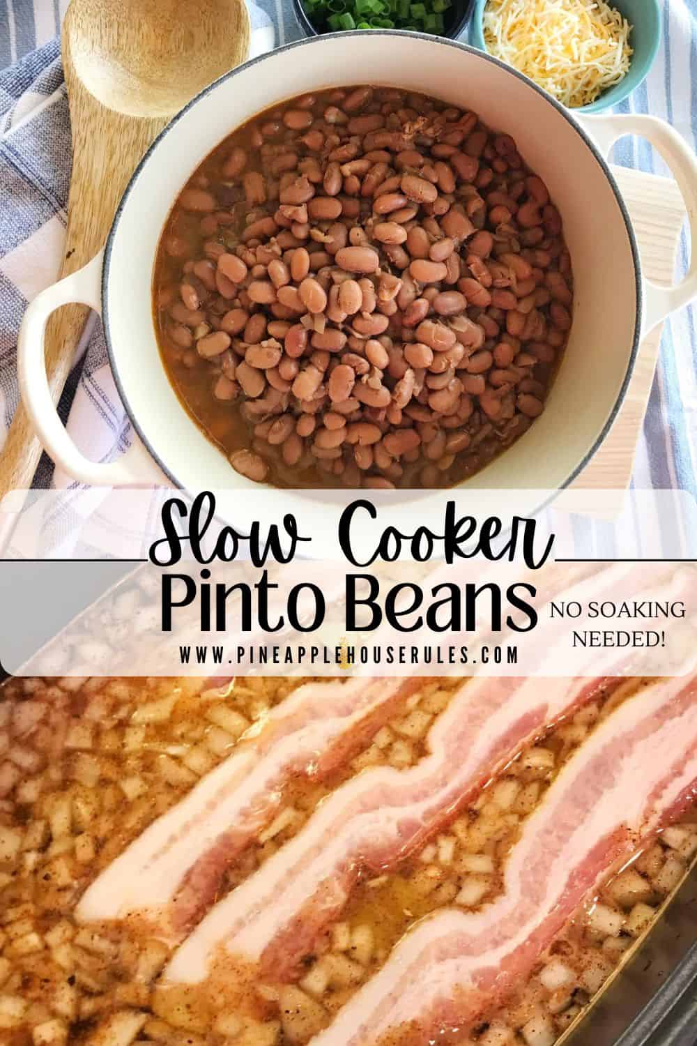 These Slow Cooker Pinto Beans are an easy dump and go recipe that doesn't involve soaking the beans ahead of time. It makes for a great Crock Pot Side Dish! Slow Cooker Pinto Beans | Pinto Beans | Pinto Beans in the Crock Pot | Pinto Beans Recipe | Pinto Beans Crockpot | Slow Cooker Pinto Beans with Bacon | Slow Cooker Pinto Beans No Soak | Slow Cooker Side Dishes | Slow Cooker Sides for a Crowd | Crock Pot Side Dishes | Crock Pot Sides | Crock Pot Side Dishes for a Crowd | Crock Pot Side Dish