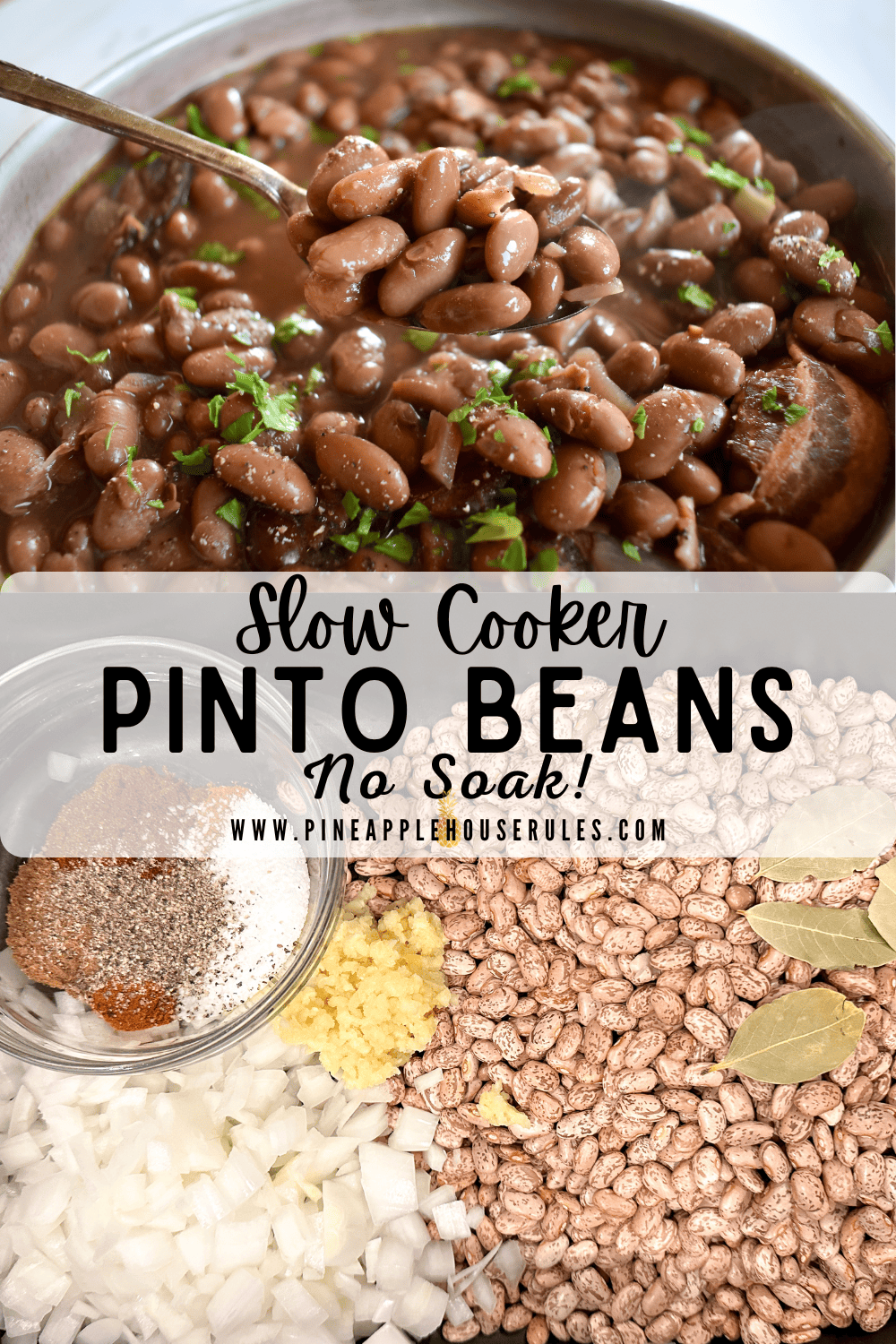 These Slow Cooker Pinto Beans are an easy dump and go recipe that doesn't involve soaking the beans ahead of time. It makes for a great Crock Pot Side Dish! Slow Cooker Pinto Beans | Pinto Beans | Pinto Beans in the Crock Pot | Pinto Beans Recipe | Pinto Beans Crockpot | Slow Cooker Pinto Beans with Bacon | Slow Cooker Pinto Beans No Soak | Slow Cooker Side Dishes | Slow Cooker Sides for a Crowd | Crock Pot Side Dishes | Crock Pot Sides | Crock Pot Side Dishes for a Crowd | Crock Pot Side Dish